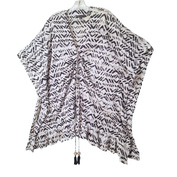 Saks Fifth Avenue Swim Coverup Kaftan Sequins Tassels Ruffle Hem M Cotton Caftan - Picture 1 of 6